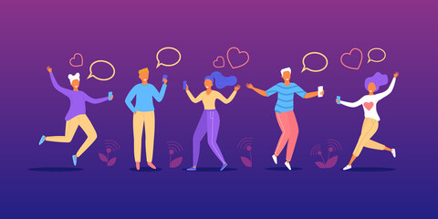 Wall Mural - People talk in chat, communicate by message bubble, vector illustration. Happy man woman friends character talking together, texting and heart icon.