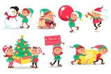Fototapeta Pokój dzieciecy - Christmas elves. Cartoon funny magical creatures, little helpers of santa Claus, christmas gnomes, kids with gifts and toys, vector set