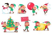 Christmas Elves. Cartoon Funny Magical Creatures, Little Helpers Of Santa Claus, Christmas Gnomes, Kids With Gifts And Toys, Vector Set