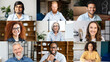 © Vadim Pastuh - Conference call, shared screen, portraits of diverse employees. Crowded video screen, briefing, brainstorm, virtual meeting of multiracial work team, new online platform for video connection
