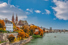 Basel Switzerland, City Skyline At Rhine River With Autumn Foliage Season