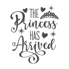 Wall Mural - The princess has arrived funny slogan inscription. Vector baby quotes. Illustration for prints on t-shirts and bags, posters, cards. Isolated on white background. Inspirational phrase.