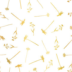 Wall Mural - Floral seamless vector pattern metallic gold foil effect. Golden flowers on white background wild grass flowers elegant. Delicate nature print for fabric, gift wrap, wallpaper, birthday, wedding.