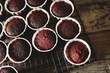 Red velvet cupcakes on tray undecorated freshly baked out from the oven.Closeup of lined up cupcakes.Bakery and gourmet.Delicious party food dessert on table.Sample of tasty non decorated mini cakes.