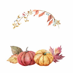 Wall Mural - thanksgiving vector wreath colorful pumpkins with autumn leaves and flowers.