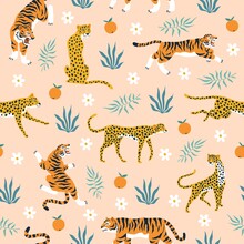 Seamless Pattern Tigers. Trendy Tropical Background With Wild Animals, Jaguars, Leopards, Flowers, Modern Palm Leaves And Predators. Decor Textile, Wrapping Paper Wallpaper Vector Print