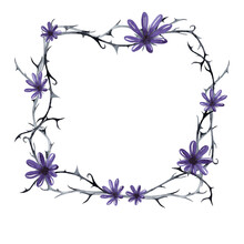 Halloween Decorative Floral Wreath Of  Fantastic Violet Flowers, And Black Barbed Branches. Watercolor Hand Painted Isolated Elements On White Background.