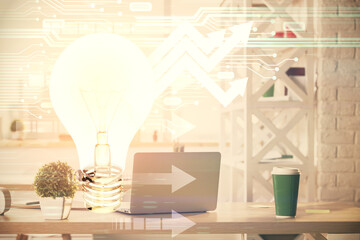 Wall Mural - Double exposure of bulb and office interior background. Concept of idea.