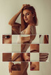 © master1305 - Collage, sliding puzzle. Portrait of young beautiful slim tanned red headed woman in lingerie posing isolated over light studio background. Natural beauty concept.