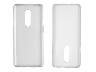 Two images of a silicone, transparent, protective phone case on the front and back sides. on a white background