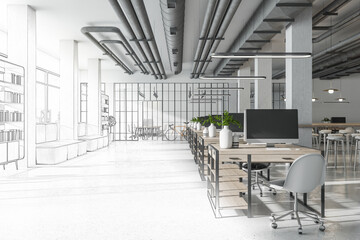 Sketch of creative coworking office interior with bright city view and concrete flooring. Design, repairs, refurbishment and workplace style concept. 3D Rendering.