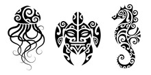 Set Of Tattoo Sketch Maori Style. Sea Animals. Turtle, Seahorse, Jellyfish. 
