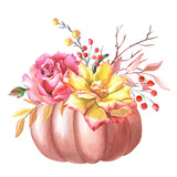 Fototapeta Lawenda - Watercolour red pumpkin, pink and yellow rose,leaves,red berry on white background.