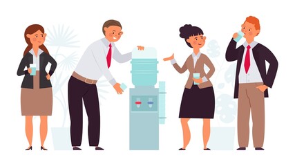 Canvas Print - Office people conversation. Water drink on work, flat corporate cooler. Talk break characters, managers gossip and drinking decent vector concept