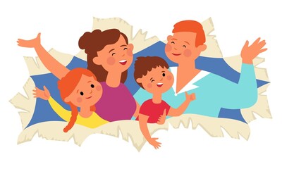 Sticker - Family in paper hole. Happy parents, people look through torn opening. Positive children, cartoon birthday, festival or party decent vector banner