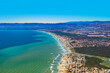 aerial view to coast of Italy near Rome with touristic beaches in Fiumicino