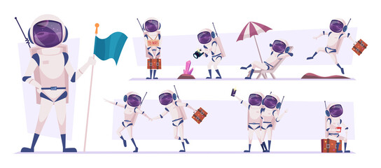 Wall Mural - space travellers. cosmonauts in action poses futuristic tourists walking playing relaxing exact vect