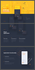 Modern presentation of a mobile application. Website template. Mobile phone mockup on a yellow background with a description of the mobile application. Modern illustration 3D style.	