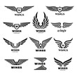 Wings logo set. Modern wing emblems, aviation labels. Abstract minimal army heraldry symbols, isolated black eagle or falcon tidy graphic vector elements