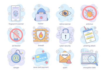 Cyber security concept flat icons set. Bundle of fingerprint or retina scanner, hacker, antivirus, blocker, firewall, encryption data and other. Vector conceptual pack color symbols for mobile app