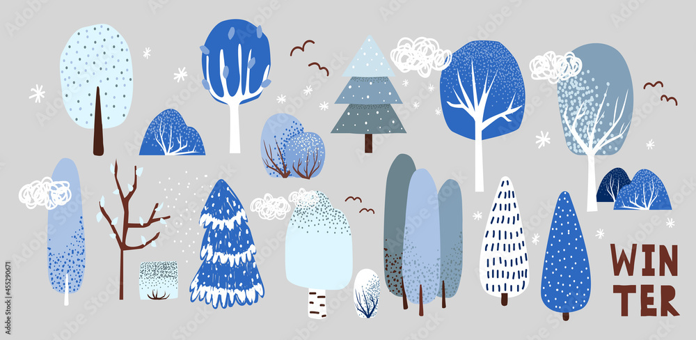 Triangular Winter Tree Cartoon Set of cartoon winter trees and bushes. Modern landscape clip art ...