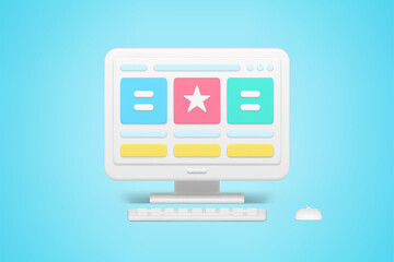 Rating and reviews on website 3d icon. Online application on monitor screen with social ratings