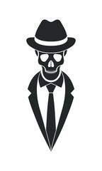 Wall Mural - Mister skeleton graphic icon. Human skull in hat, suit and tie sign isolated on white background. Vector illustration