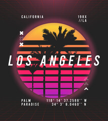 Los Angeles, California t-shirt design in retro futuristic style. Typography graphics for retrowave style tee shirt with sunset and palm trees. Vector illustration.