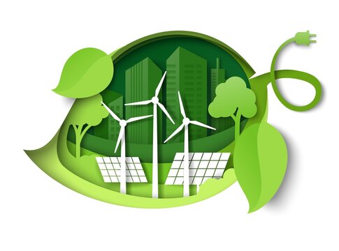 Fototapete - Green leaf with windmills, solar panels, trees, city building silhouettes, vector paper cut illustration. Green energy.