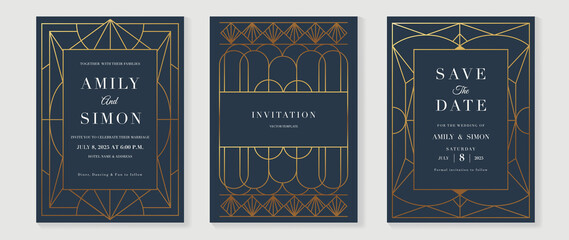 Art deco wedding invitation card vector. Luxury classic antique cards design for VIP invite, Gatsby invitation gold, Fancy party event, Save the date card and Thank you card. Vector illustration.