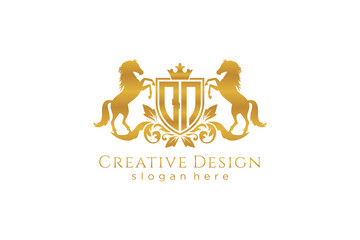 initial QN Retro golden crest with shield and two horses, badge template with scrolls and royal crown - perfect for luxurious branding projects