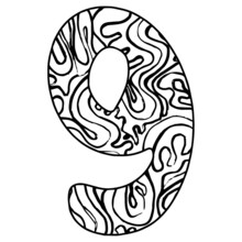 Zentangle Stylized Alphabet - Number 9. Vector Illustration Black White Hand Drawn Doodle, Ethnic Pattern