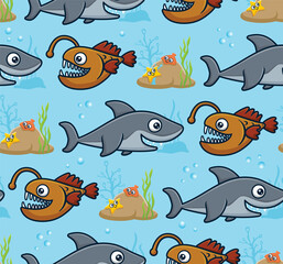 Wall Mural - Seamless pattern vector of marine animals cartoon. Anglerfish, shark with starfish and shellfish on coral reefs.