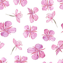 Seamless Pattern Of Pink Fireweed Flowers On White Background. Watercolor Hand Drawing Illustration. Chamaenerion Angustifolium.