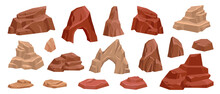 Desert Rock Cartoon Vector Set, Stone Canyon Landscape Illustration, Red Mexico Arch Boulder Dry Cliff. Game Nature Environment Design Element, Brown Drought Cracked Mountain. Western Land Desert Rock