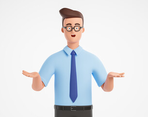 Happy surprised cartoon businessman character in glasses and blue shirt isolated over white background.