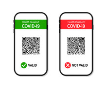 Vaccine Certificate In Smartphone. Covid Passport With Green And Red Pass In Screen Of Phone. App For Control Of Immune. Test Of Corona Virus In Health Passport. Qr Code For Travel And Safety. Vector