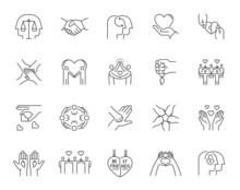 Set Of Friendship And Love Related Line Icons. Contains Such Icons As Mutual Understanding, Harmony, Relationship, Handshake, Etc. Editable Stroke.