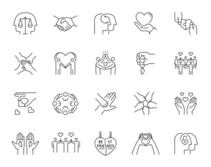Set of friendship and love related line icons. Contains such icons as mutual understanding, harmony, relationship, handshake, etc. Editable stroke.