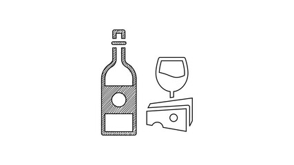 Sticker - Black line Wine bottle with glass and cheese icon isolated on white background. Romantic dinner. 4K Video motion graphic animation