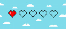 Pixel Game Life Bar Isolated On Cloud Background. Vector Art 8 Bit Health Heart Bar. Gaming Controller, Symbols Set.