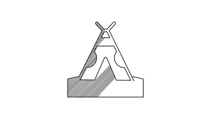 Poster - Black line Traditional indian teepee or wigwam icon isolated on white background. Indian tent. 4K Video motion graphic animation