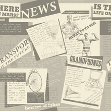 Seamless Pattern Of Cut-out Articles From Retro Newspapers. With A Collage Of Newspaper Clippings, Vintage Items And Unreadable Text.