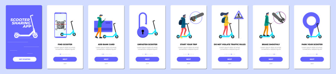 electric scooter sharing mobile app onboarding screen set. eco transport rental service instruction 