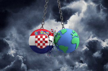 Wall Mural - Croatia flag ball smashing into planet earth. Global impact and disaster concept. 3D Render