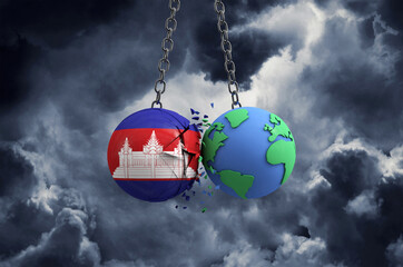 Wall Mural - Cambodia flag ball smashing into planet earth. Global impact and disaster concept. 3D Render