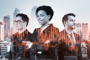 Wall Mural - Group of business colleagues in suits as a part of multinational corporate team working on forecasting trading corporate strategy at fund. Forex chart. Bangkok on background. Double exposure