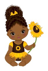 Wall Mural - Cute African American Baby Girl Holding Sunflower. Vector Black Baby Girl with Sunflower