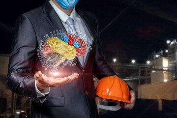 Wall Mural - Engineer with a construction helmet in hands shows artificial intelligence .