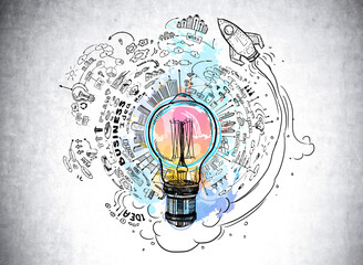 Colourful sketch with large light bulb, rocket launch, business, plan